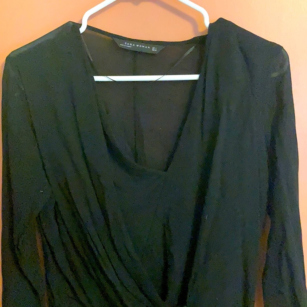 Sheer, crepe, black, asymmetrical blouse. Zara size small, never been worn.